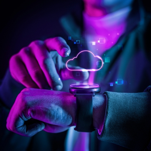 Cloud technology with futuristic hologram on smartwatch
